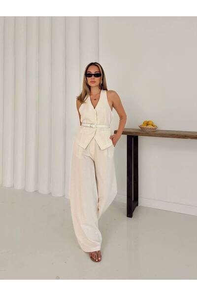 Haticepalas Stone Color Belt Detailed Vest Pants Suit