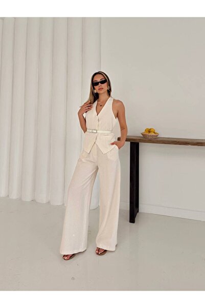 Haticepalas Stone Color Belt Detailed Vest Pants Suit