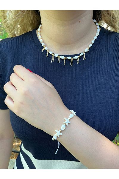 MODA Women's Summer Seashell & Beaded Jewelry Set - Necklace & Bracelet