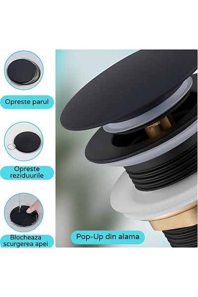 BiXXBi Ventil Lavoar Premium Negru Mat, Pop-Up, Pentru Lavoar Fara Preaplin