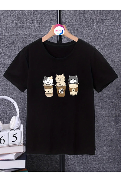 Pelna Children's Trend Model Black T-Shirt Printed Crew Neck Cotton