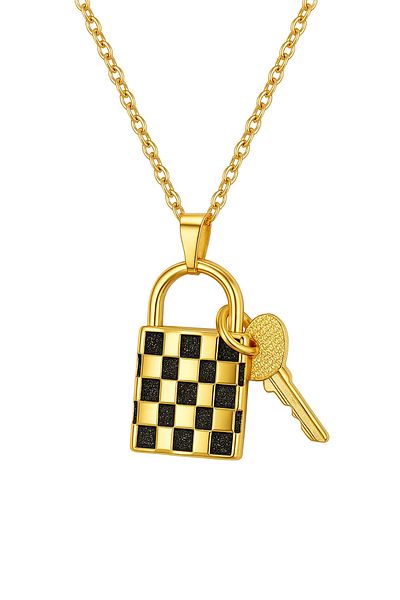 Goche Bijuteri Gingham Zircon Stone Steel Necklace (Lock Model)