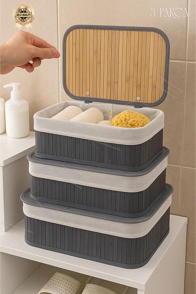 NEWNOW Set de 3 coșuri de depozitare pentru baie și interior SoftLines cu capac din bambus