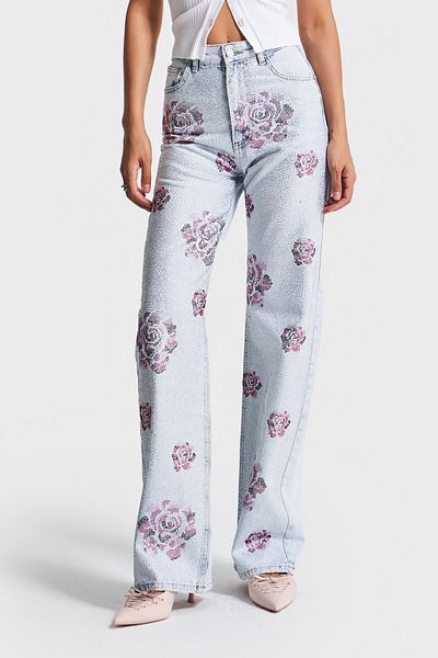 its basic Blugi de damă, culoare 4s5-80, cu croială dreaptă, cu detaliu de trandafir, 100% bumbac, design denim