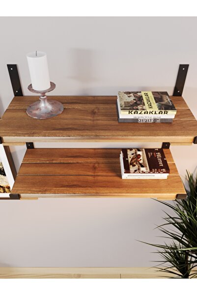 The N Wood Rose 2'li Doğal Ahşap Duvar Rafı 50x24 (MEŞE RENGİ)