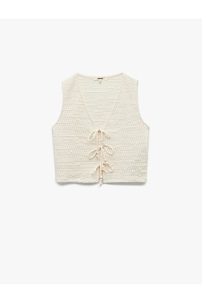 Koton Textured Front Tie Bow Detailed V-Neck Crochet Vest