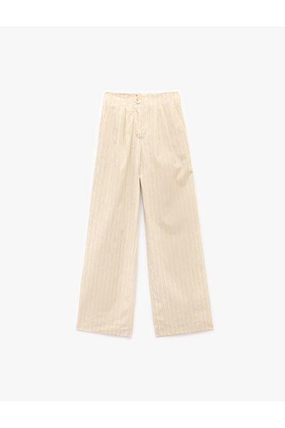 Koton Pleated Plain Wide Leg Linen Trousers with Pockets