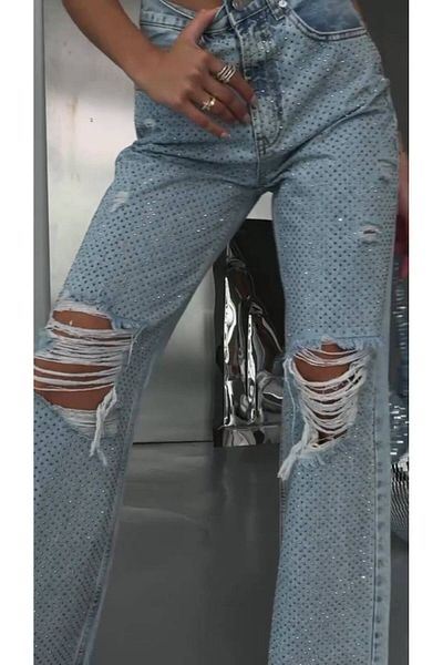 DENİKK Trend Special Design Stoned Wide Leg Palazzo Jean Denim Ripped Detail Παντελόνι