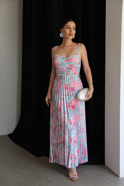 Julidress Pleated Floral Patterned Strapless Neckline Premium Satin Dress
