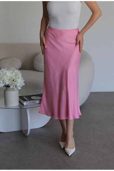 Julidress Pink and White Striped Elastic Waistline Midi Length Premium Satin Skirt