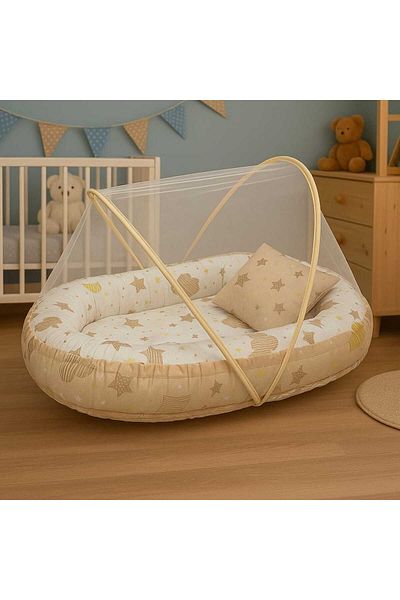 JULYA KİDS سرير أطفال لتقويم العظام من Babynest - شبكة ناموسية، 60x85 سم، قماش بيكيه وقطني