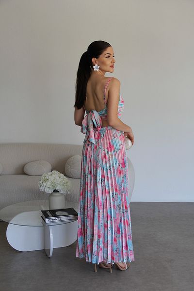 Julidress Pleated Floral Patterned Strapless Neckline Premium Satin Dress