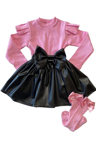 özge başaran Pink Leather Skirt and Ruffled Shoulder Socks Set for 6-9 Months to 7 Years