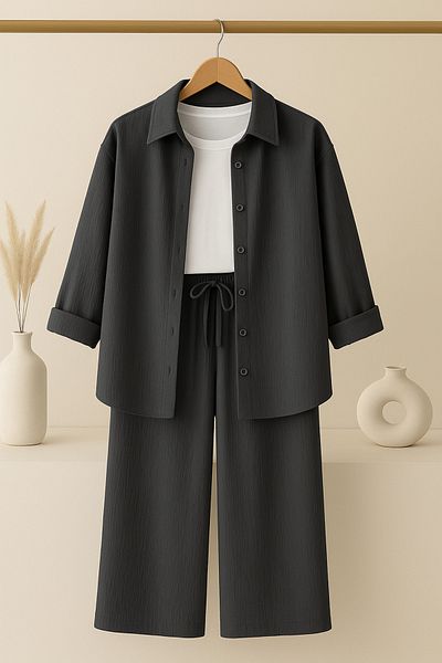 only moon Women's Wear Wrinkle Fabric Shirt-Pants Two-Piece Suit Suitable for Tesetture