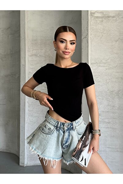 modazoom Kadın Kayık Yaka Siyah Kısa Kollu Bluz