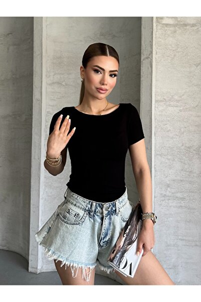 modazoom Kadın Kayık Yaka Siyah Kısa Kollu Bluz