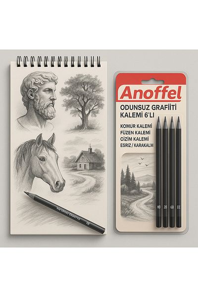 Anoffel Sketchbook Artistic Material 160Gr 25Yp and Woodless Graffiti, Charcoal, Fuezen and Sketching Blackchalk Set