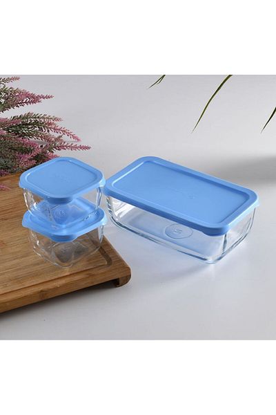 Paşabahçe 96881 3-Piece Storage Container Blue Lid