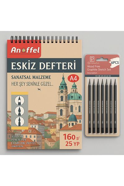 Anoffel Sketchbook Artistic Material 160Gr 25Yp and Woodless Graffiti, Charcoal, Fuezen and Sketching Blackchalk Set