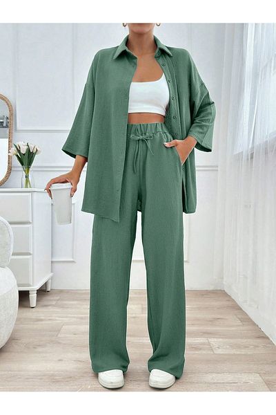 New Lune Women's Clothing Wrinkle Fabric Shirt Pants Suit, Two-Piece Suit, Suitable for Hijab