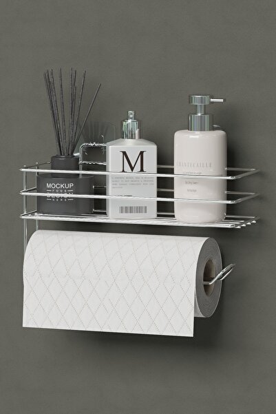 Hill Homes Yapışkanlı Raflı Rulo Havluluk Havlu Kağıtlık Banyo Rafı Mutfak Düzenleyici Raf Krom Gümüş