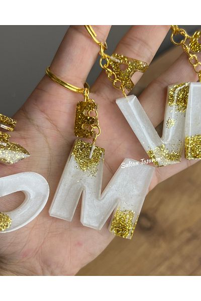 Sultan Tasarım White Pearlescent Gold Glitter Tiny Letters - Number Keychain Set