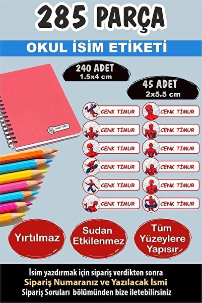 Kt Grup Okul Etiketi Kalem Defter Etiketi Özel Isimli Etiket Spider 285 Parça