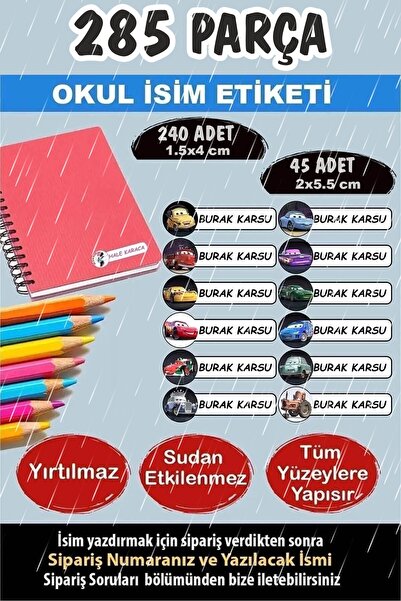 Kt Grup Okul Etiketi Kalem Defter Etiketi Isme Özel Arabalar 12 Figür 285 Parça
