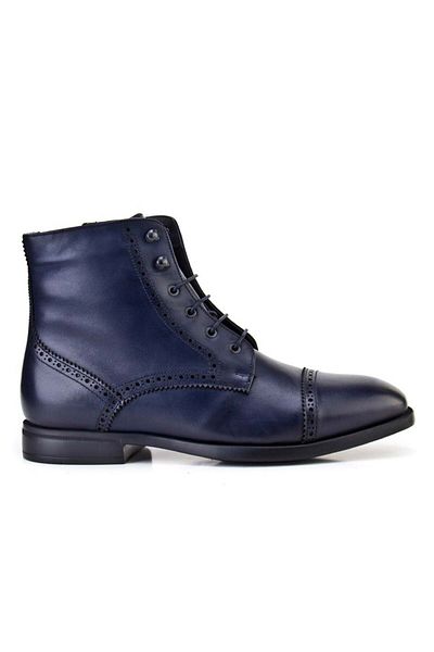 Cabani Stitching Detailed Genuine Leather Navy Blue Zippered Men's Classic Boots