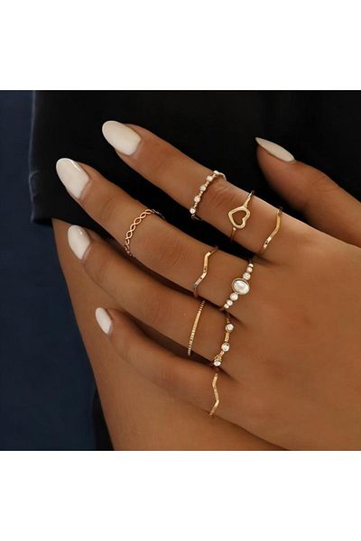 Generic 9-Piece Faux Pearl Studded Heart Wave Shape Ring Set