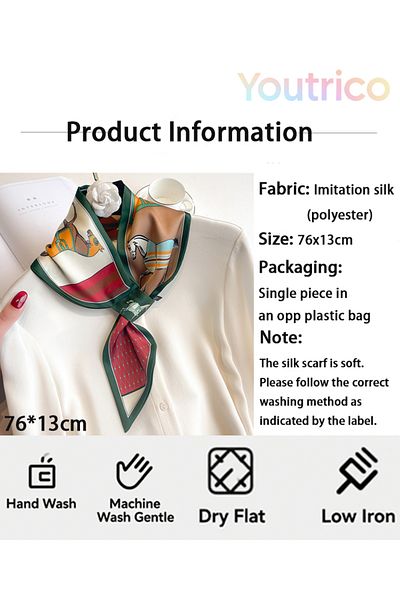 Youtrico Silk Scarf with Pony Perforated Diagonal Design 76*13cm Versatile Korean Style Fashion