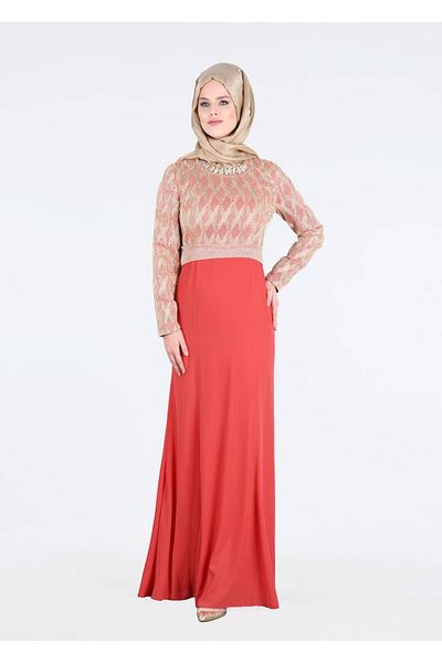 TRENDTESETTÜR Women's Coral Collar Evening Dress with Accessories 5211