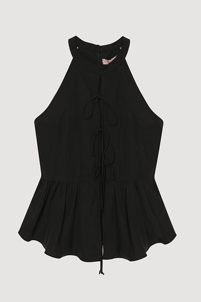 Quzu Front Lace-Up Halter Neck Blouse Black