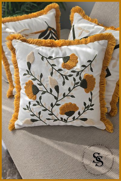 SasoHome Beauty Flowers Punch Embroidery Patterned Linen Throw Pillow Cover