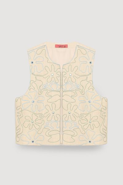 Quzu Stone Detailed Embroidered Vest Natural