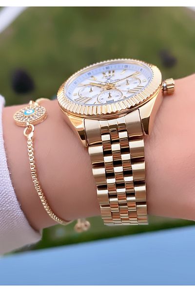 Daniel Klein Brand Gold Color Cut Mirror Glass Women's Wristwatch - With Bracelet Gift
