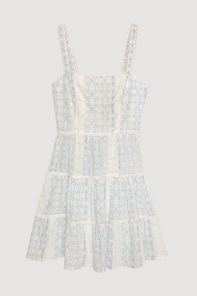 Quzu Square Neck Stripe Detailed Patterned Mini Dress Ecru