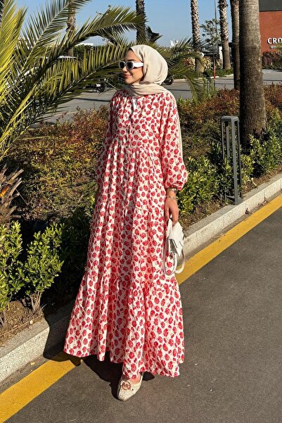 LOCCO Women's Cherry and Flower Patterned Dress Red