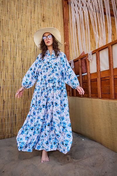 LOCCO Rochie de damă cu model etnic de flori albastru