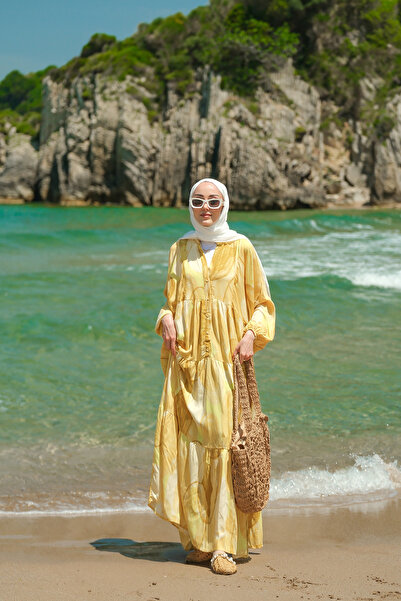 LOCCO Дамска рокля с шарки за фигура, жълта