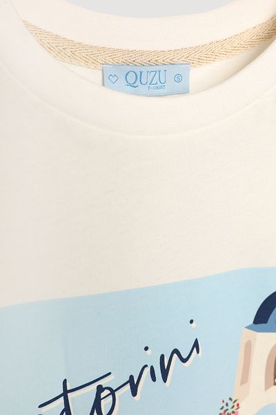 Quzu Santorini Printed Short Sleeve T-Shirt Ecru