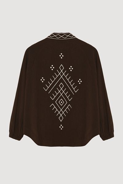 Quzu Ethnic Patterned Stripe Embroidered Short Linen Kimono Dark Brown