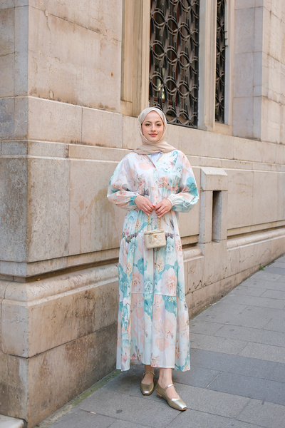 LOCCO Women's Pastel Rose Patterned Dress Blue