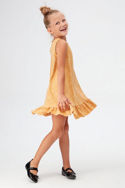 LOVETTI Mustard Floral Pattern Girls Ruffle Bell-Bottomed Dress