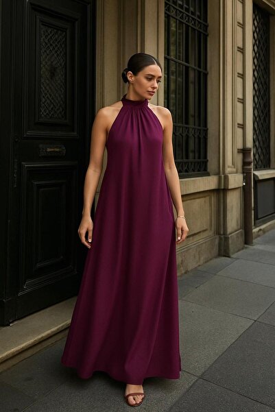 Elbikom Boyundan Bağlamalı Dokuma Kumaş Dökümlü Mürdüm Elbise