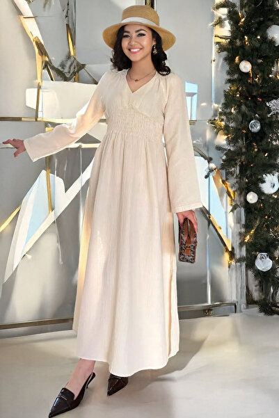 Cockatoo Γυναικείο φόρεμα από βαμβακερή μουσελίνα με λαιμόκοψη σε σχήμα V, φαρδιά μανίκια και λεπτομέρεια με σχισμή