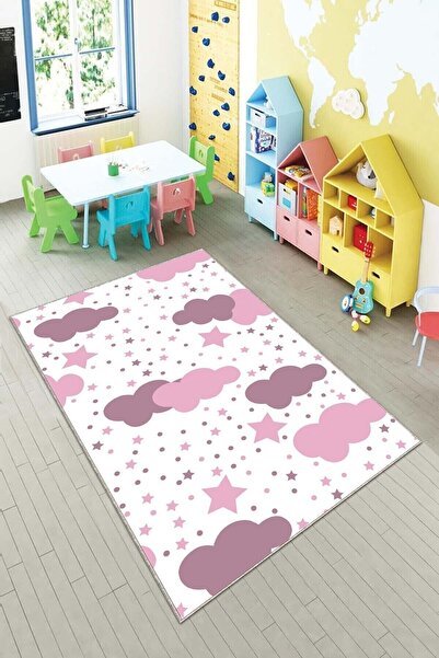 on the clouds Beyaz Pembe Bulut Desenli Yıkanabilir Kaymaz Taban Leke Tutmazb...