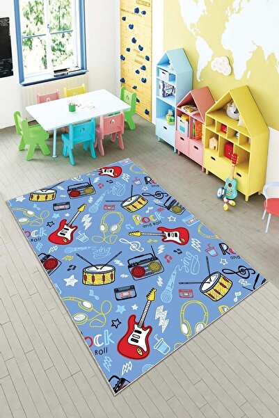 on the clouds Mavi Müzik Enstürmanı Desenli Yıkanabilir Kaymaz Taban Leke Tut...