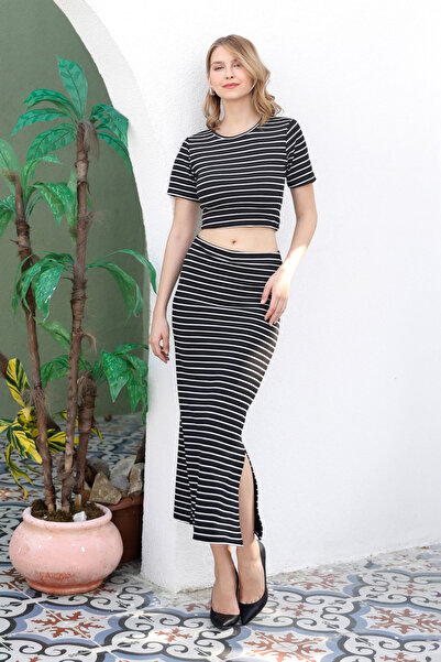 Fulla Moda Striped Crew Neck Crop Suit
