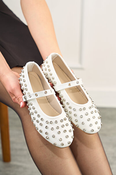 Nstil Daily Women's White Ballerina Ballerina Silver Stone Banded Buckle Low Heeled Soft Comfortable Shoes 400